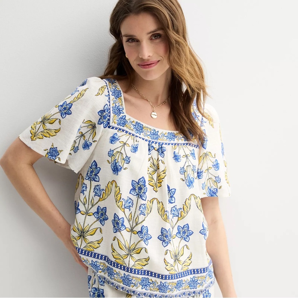 Draper James White and Blue Floral Blouse